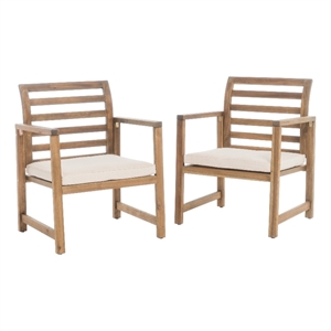 Outdoor Club Chair Set of 2- Slat Back- Brown Acacia Wood- White Fabric