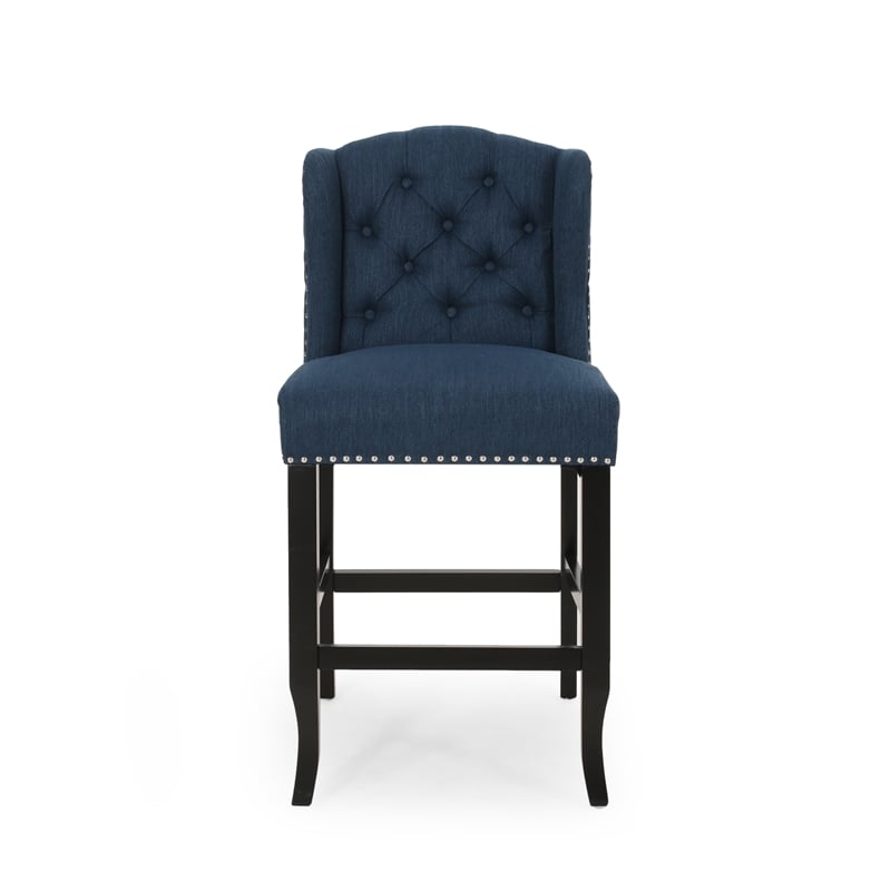 Counter Height Chair Set of 2- Tufted Wingback- Nailhead Trim- Navy Blue