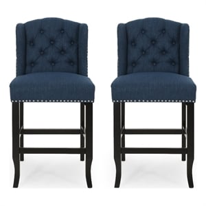 Counter Height Chair Set of 2- Tufted Wingback- Nailhead Trim- Navy Blue