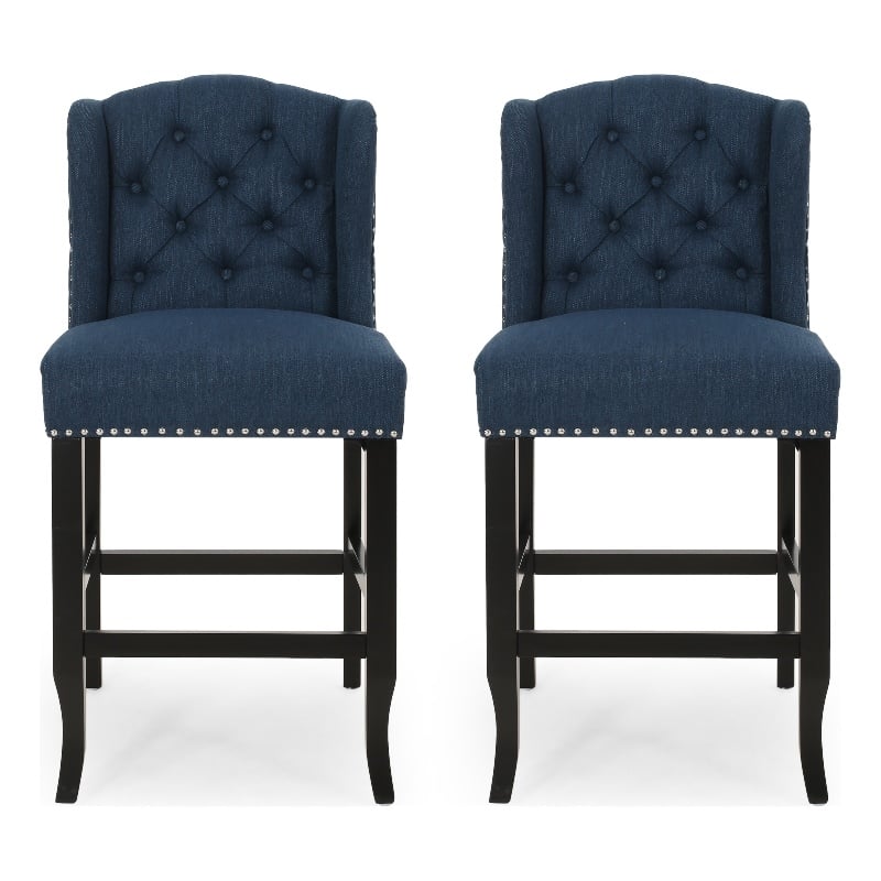 Counter Height Chair Set of 2- Tufted Wingback- Nailhead Trim- Navy Blue