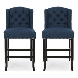 Counter Height Chair Set of 2- Tufted Wingback- Nailhead Trim- Navy Blue