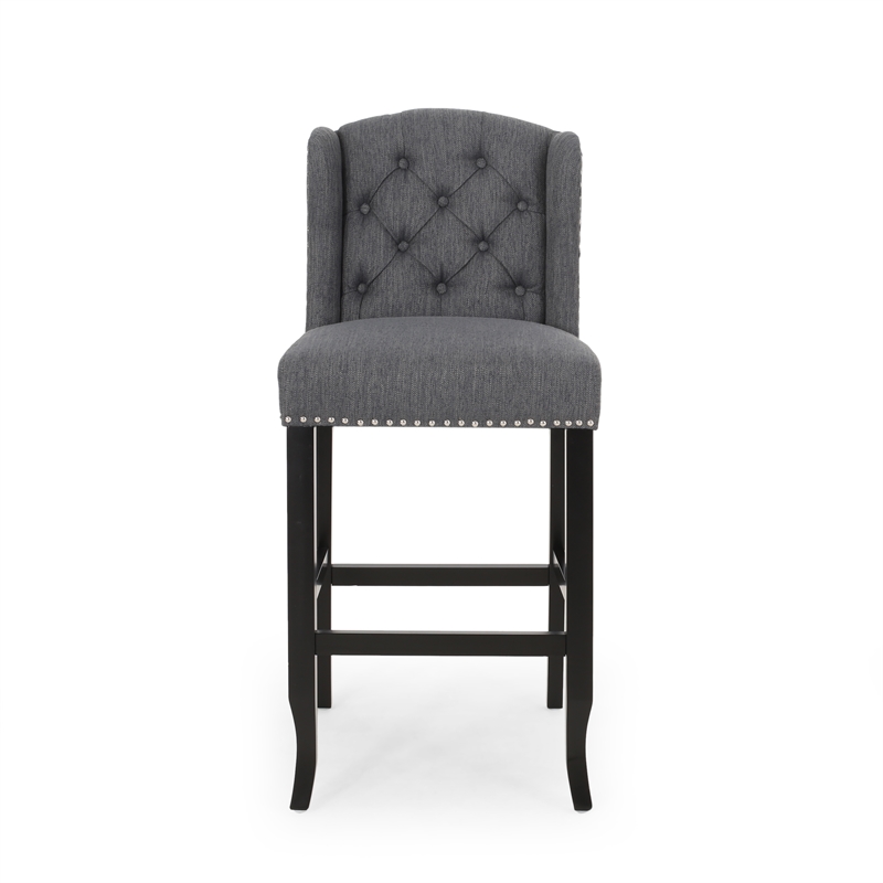 Seliva Barstool Chair Set of 2- Charcoal Gray- Tufted Back- Black Wood