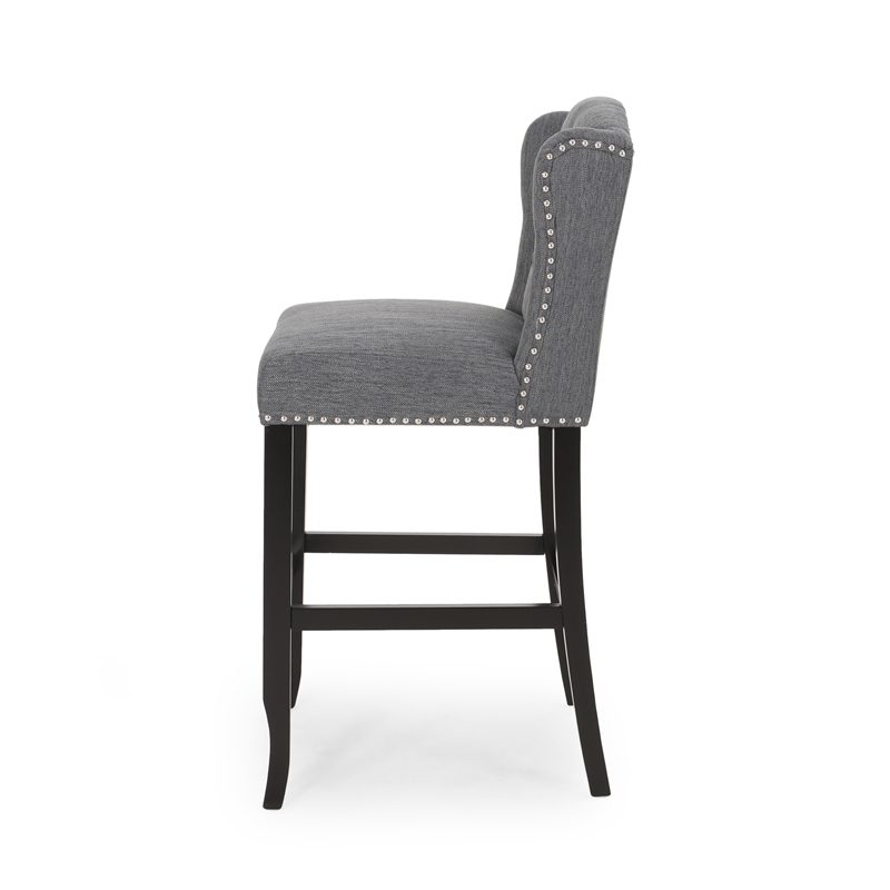 Seliva Barstool Chair Set of 2- Charcoal Gray- Tufted Back- Black Wood