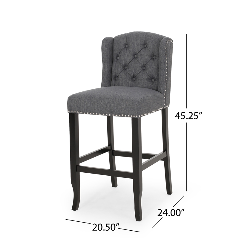 Seliva Barstool Chair Set of 2- Charcoal Gray- Tufted Back- Black Wood