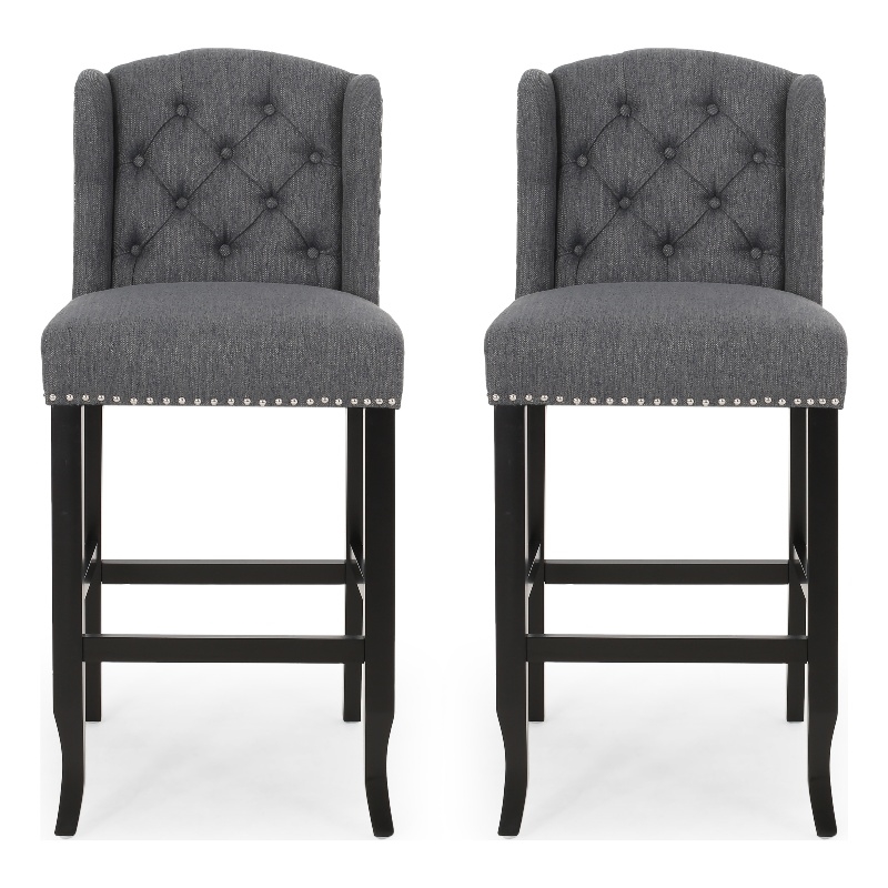 Seliva Barstool Chair Set of 2- Charcoal Gray- Tufted Back- Black Wood