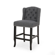 Seliva Counter Stool Chair Set of 2- Charcoal Gray- Tufted Back- Brown Wood