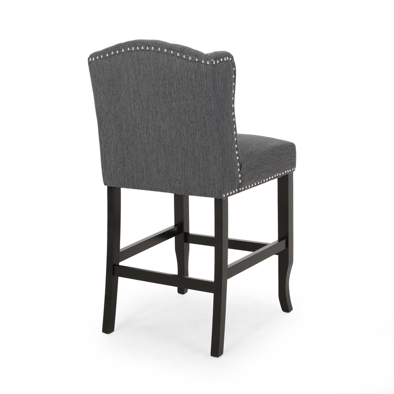 Seliva Counter Stool Chair Set of 2- Charcoal Gray- Tufted Back- Brown Wood