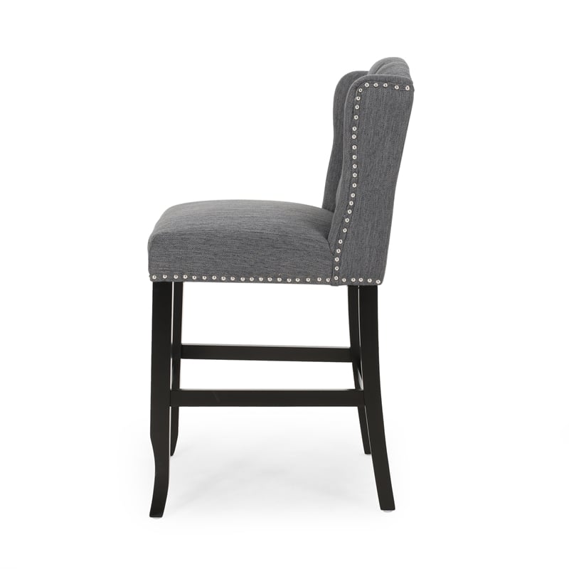 Seliva Counter Stool Chair Set of 2- Charcoal Gray- Tufted Back- Brown Wood