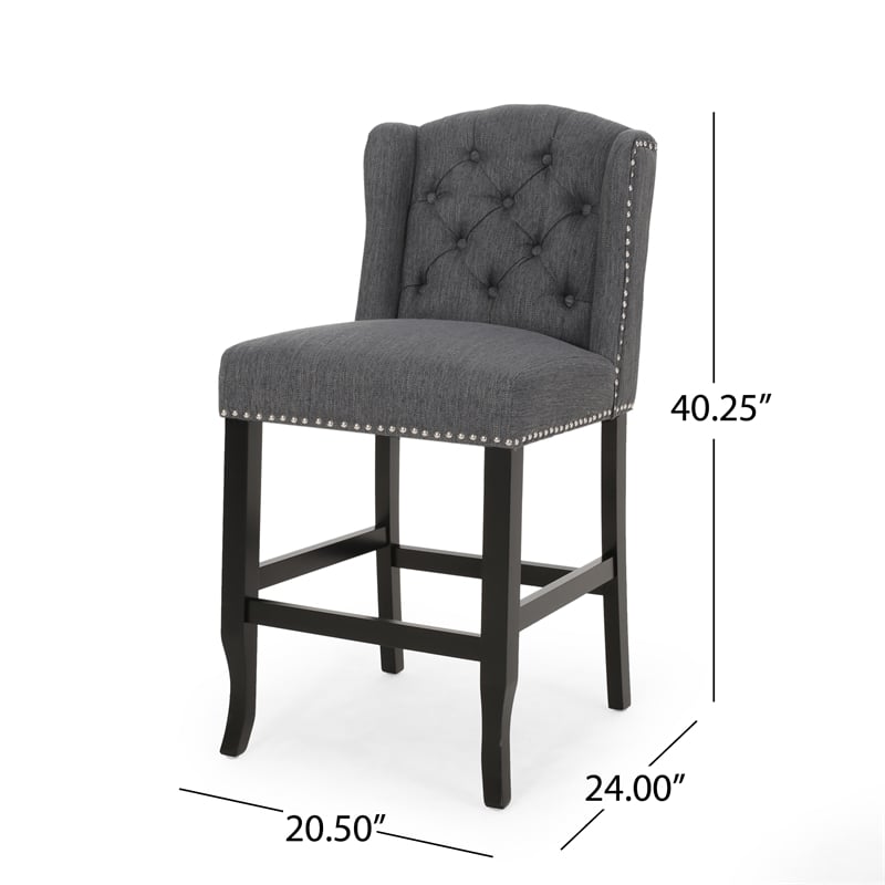 Seliva Counter Stool Chair Set of 2- Charcoal Gray- Tufted Back- Brown Wood