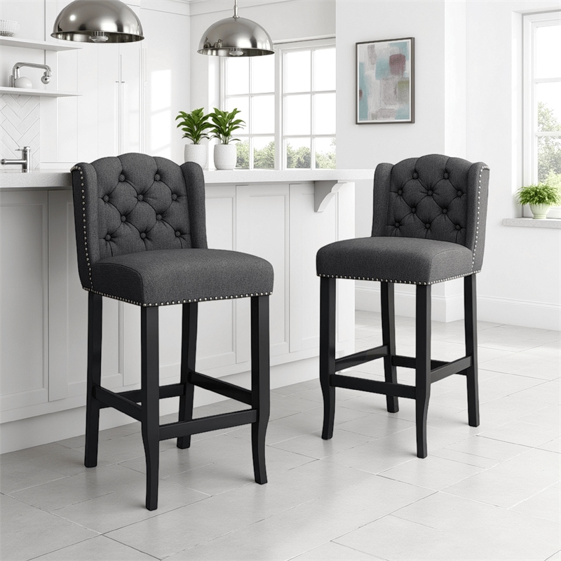 Seliva Counter Stool Chair Set of 2- Charcoal Gray- Tufted Back- Brown Wood