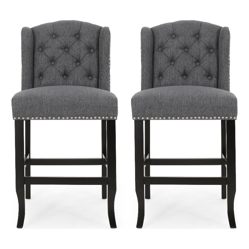 Seliva Counter Stool Chair Set of 2- Charcoal Gray- Tufted Back- Brown Wood