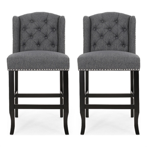 Seliva Counter Stool Chair Set of 2- Charcoal Gray- Tufted Back- Brown Wood