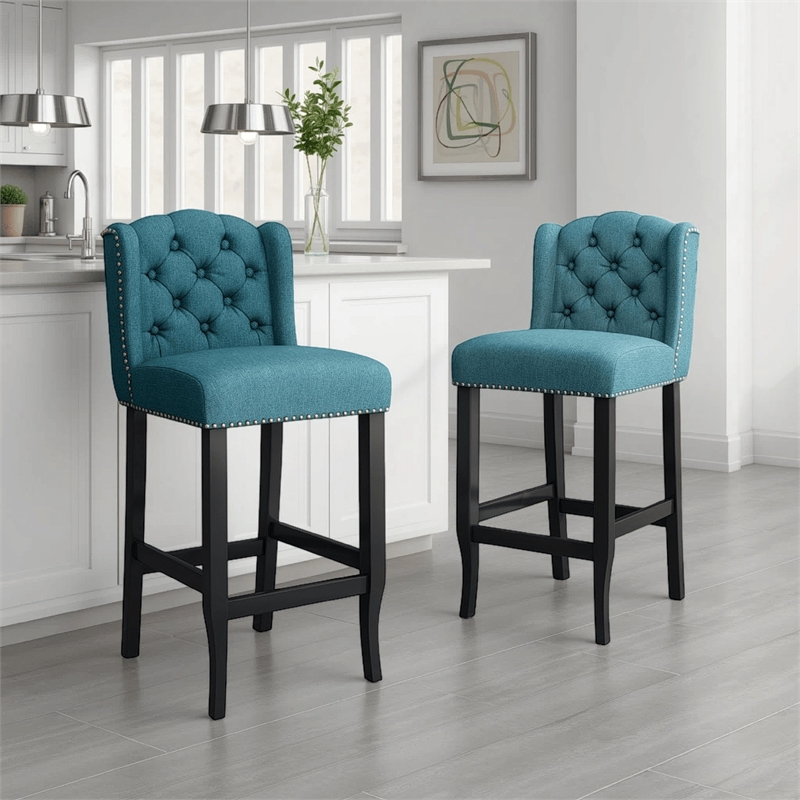 Seliva Counter Stool Chair Set of 2- Teal- Tufted Wingback- Brown Wood