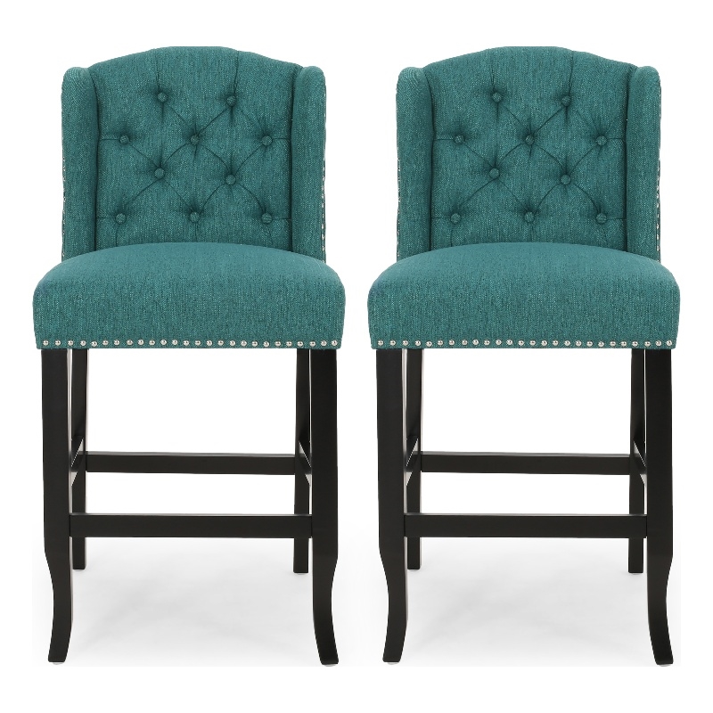 Seliva Counter Stool Chair Set of 2- Teal- Tufted Wingback- Brown Wood