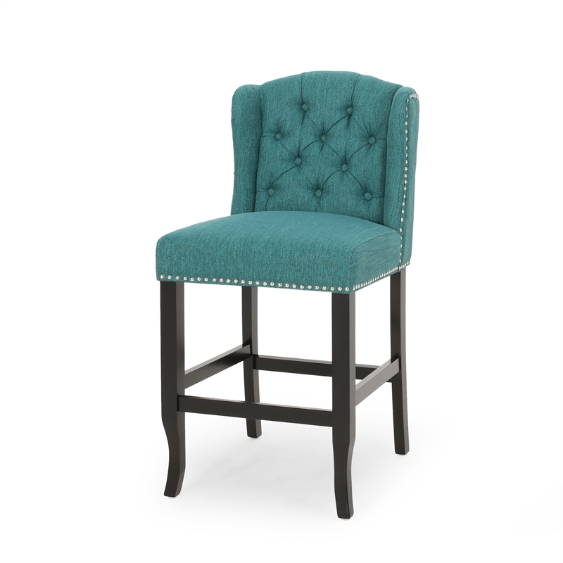 Seliva Counter Stool Chair Set of 2- Teal- Tufted Wingback- Brown Wood