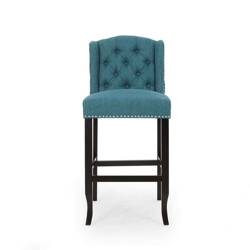 Seliva Barstool Chair Set of 2- Teal Fabric- Tufted Back- Brown Rubberwood
