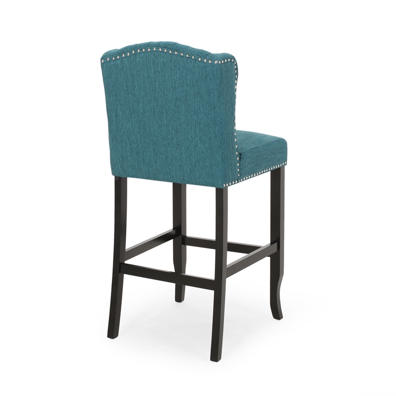 Seliva Barstool Chair Set of 2- Teal Fabric- Tufted Back- Brown Rubberwood
