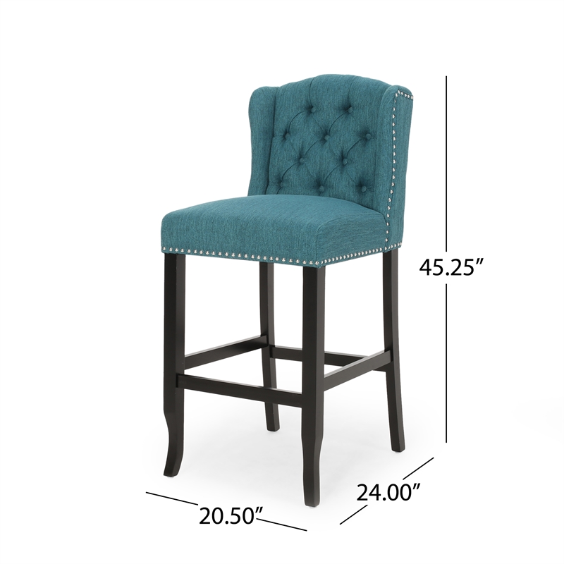 Seliva Barstool Chair Set of 2- Teal Fabric- Tufted Back- Brown Rubberwood