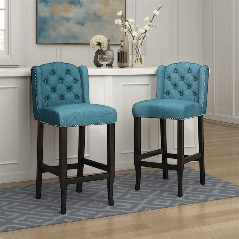 Seliva Barstool Chair Set of 2- Teal Fabric- Tufted Back- Brown Rubberwood