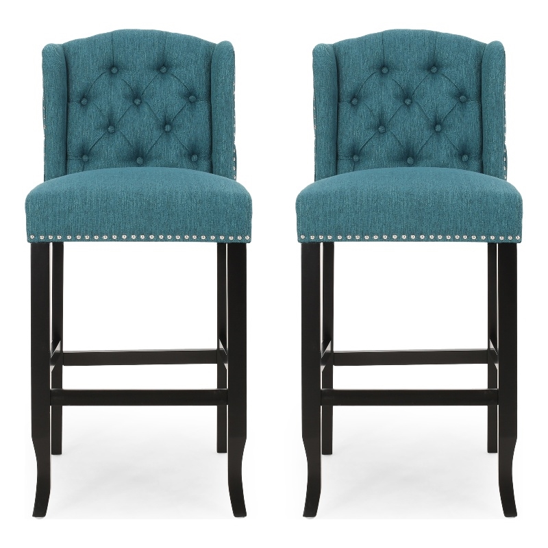 Seliva Barstool Chair Set of 2- Teal Fabric- Tufted Back- Brown Rubberwood