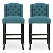 Seliva Barstool Chair Set of 2- Teal Fabric- Tufted Back- Brown Rubberwood