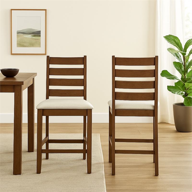 Accai Counter Height Chair Set of 2- Beige Polyester- Brown Rubberwood