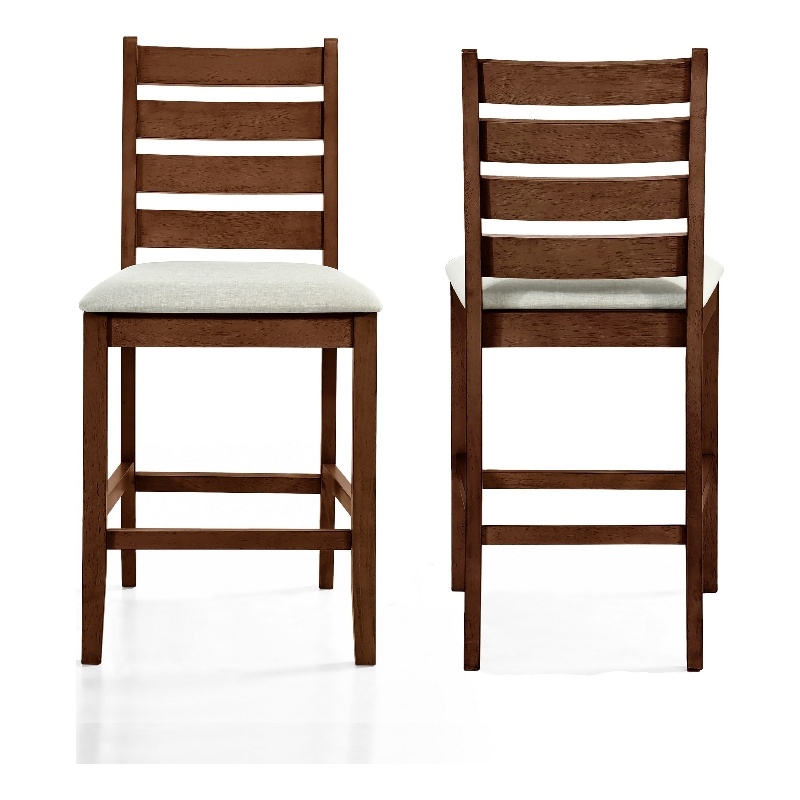 Accai Counter Height Chair Set of 2- Beige Polyester- Brown Rubberwood