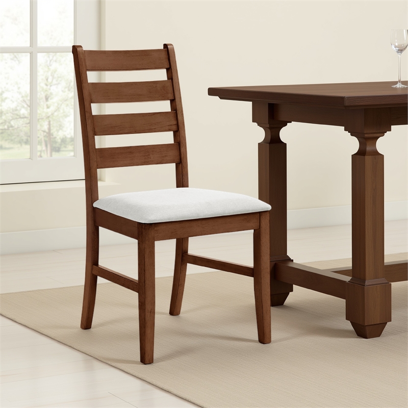 Accai Dining Chair Set of 2- Beige Polyester- Walnut Brown Rubberwood