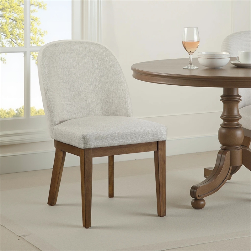 Enix Dining Chair Set of 2- Curved Back- Brown Wood- Gray Polyester