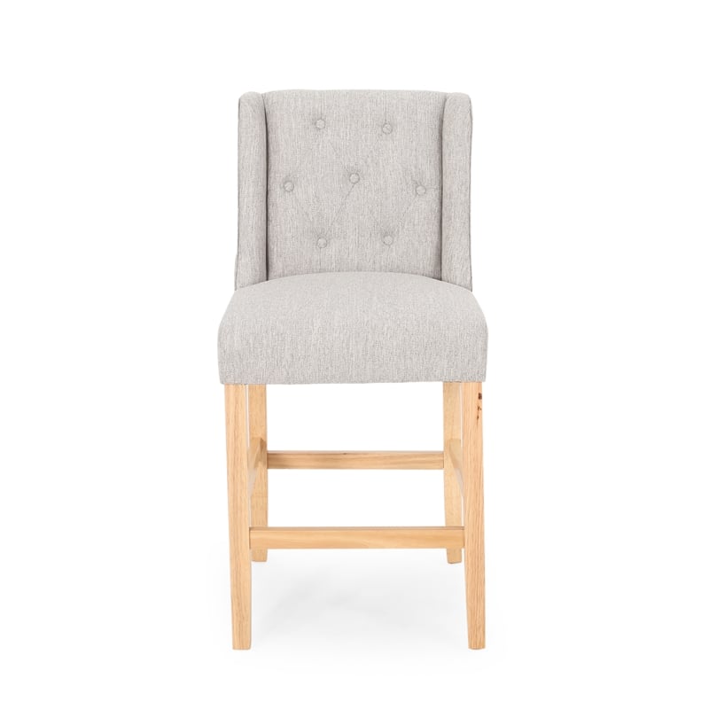 Seliva Counter Stool Chair Set of 2- Light Gray Fabric- Tufted- Brown Wood