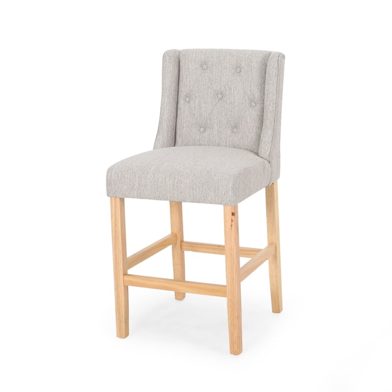 Seliva Counter Stool Chair Set of 2- Light Gray Fabric- Tufted- Brown Wood