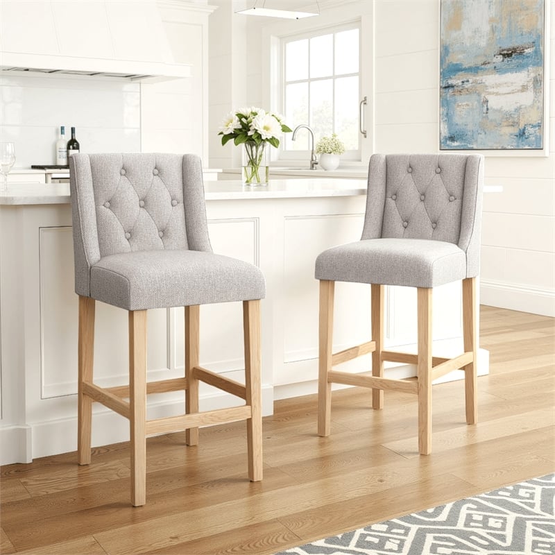Seliva Counter Stool Chair Set of 2- Light Gray Fabric- Tufted- Brown Wood