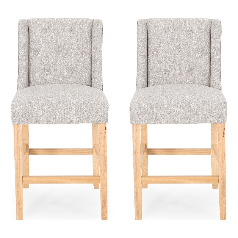Seliva Counter Stool Chair Set of 2- Light Gray Fabric- Tufted- Brown Wood