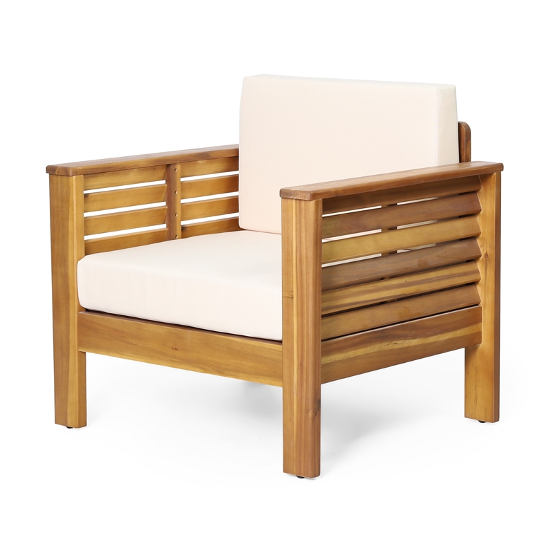 Siyal Outdoor Club Accent Chair Set of 2- Soft Beige- Brown Acacia Wood