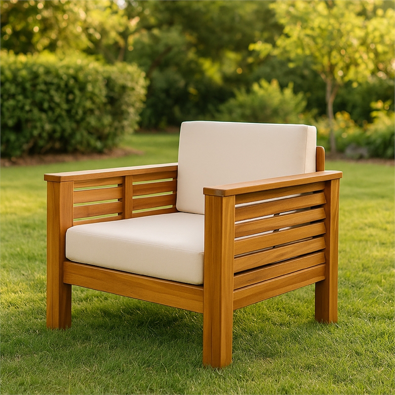 Siyal Outdoor Club Accent Chair Set of 2- Soft Beige- Brown Acacia Wood