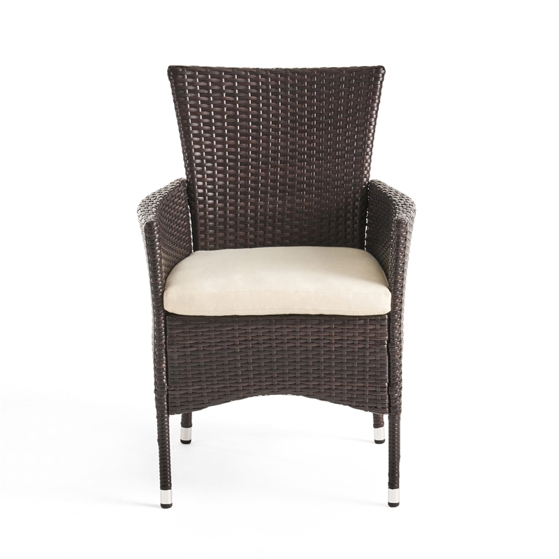 Clem Dining Chair Set of 2- Beige- Outdoor Dark Brown Wicker- Iron Frame