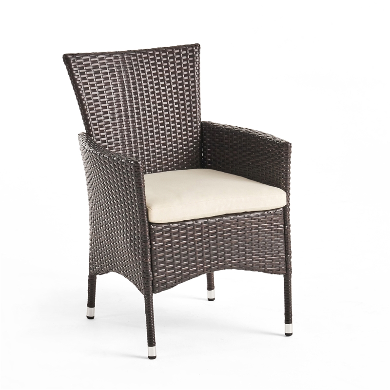 Clem Dining Chair Set of 2- Beige- Outdoor Dark Brown Wicker- Iron Frame