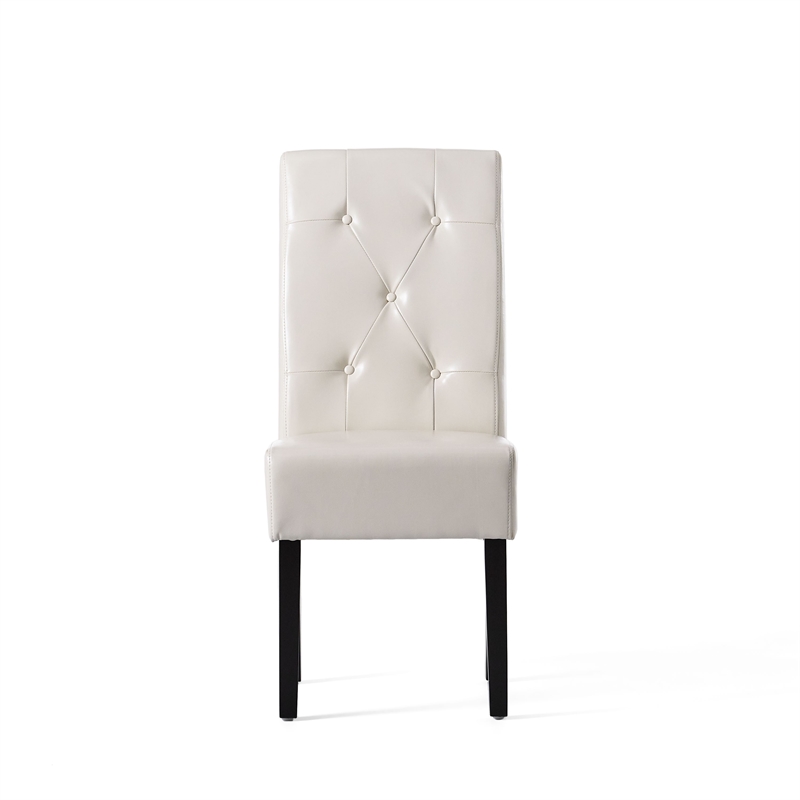 Alina Dining Chair Set of 2- Tufted Ivory Bonded Leather- Black Wood