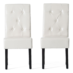 Alina Dining Chair Set of 2- Tufted Ivory Bonded Leather- Black Wood