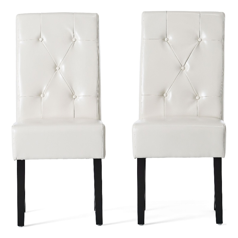 Alina Dining Chair Set of 2- Tufted Ivory Bonded Leather- Black Wood