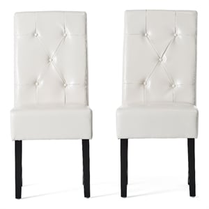 Alina Dining Chair Set of 2- Tufted Ivory Bonded Leather- Black Wood
