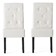 Alina Dining Chair Set of 2- Tufted Ivory Bonded Leather- Black Wood