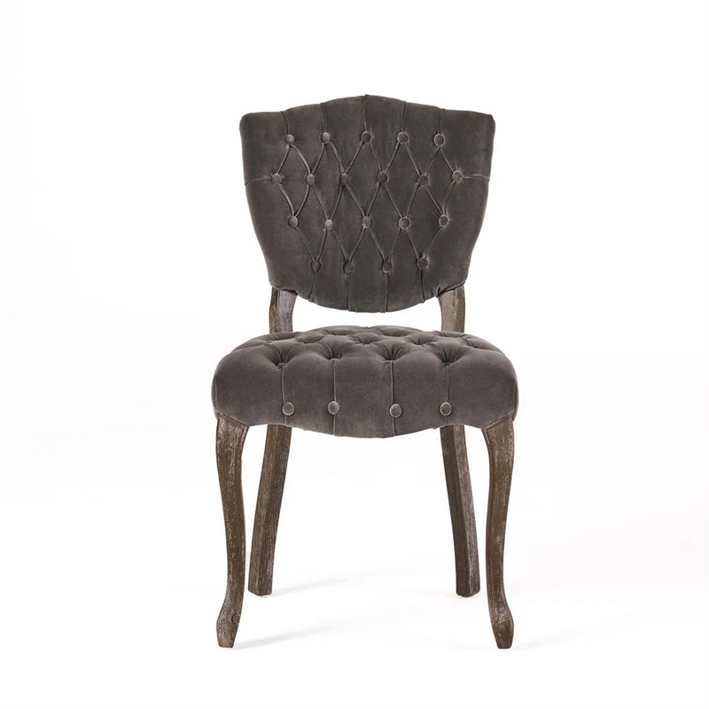 Jette Dining Chair Set of 2- Charcoal Gray Tufted Velvet- Brown Wood