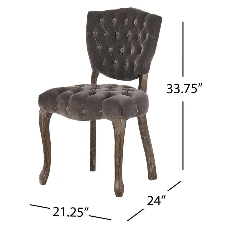 Jette Dining Chair Set of 2- Charcoal Gray Tufted Velvet- Brown Wood