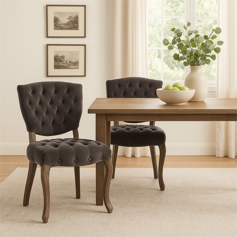 Jette Dining Chair Set of 2- Charcoal Gray Tufted Velvet- Brown Wood
