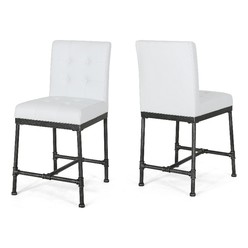 Bruke Counter Height Chair Set of 2- White Tufted Faux Leather- Metal