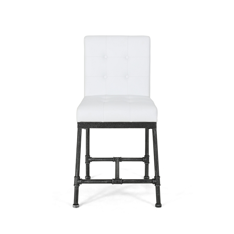 Bruke Counter Height Chair Set of 2- White Tufted Faux Leather- Metal