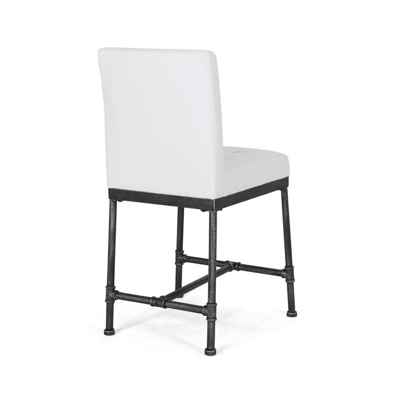 Bruke Counter Height Chair Set of 2- White Tufted Faux Leather- Metal