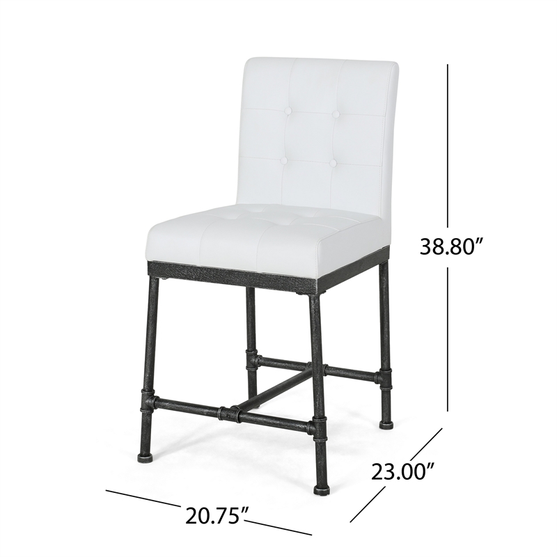 Bruke Counter Height Chair Set of 2- White Tufted Faux Leather- Metal