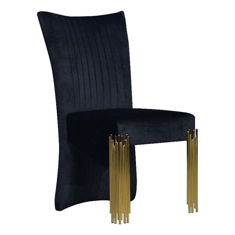 Theo Dining Chair Set of 2- Retro Midnight Black Velvet- Gold Metal